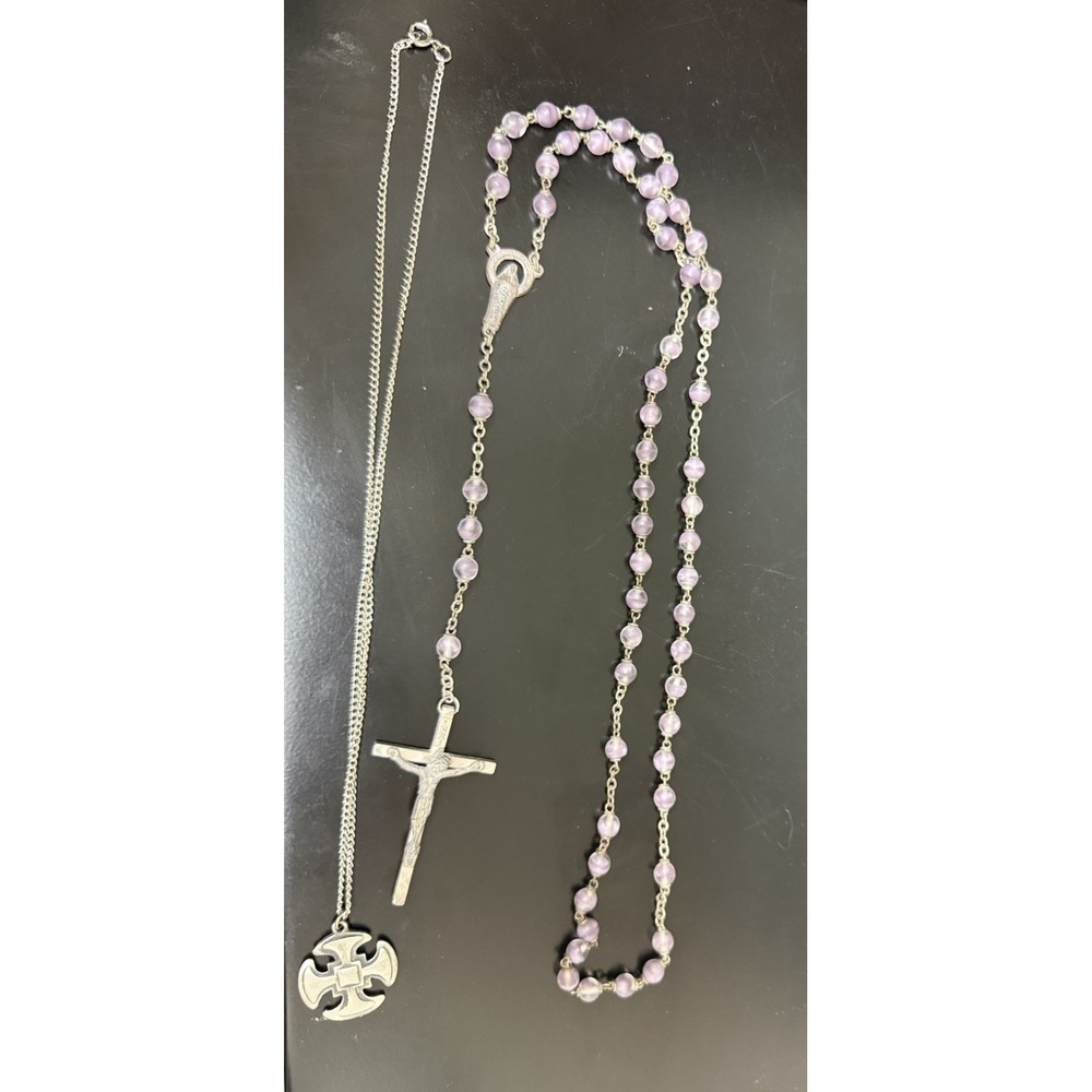 Lot Of 2 PURPLE BEADED ROSARY‎ CROSS SILVER TONE 27* & Pewter Cross Necklaces